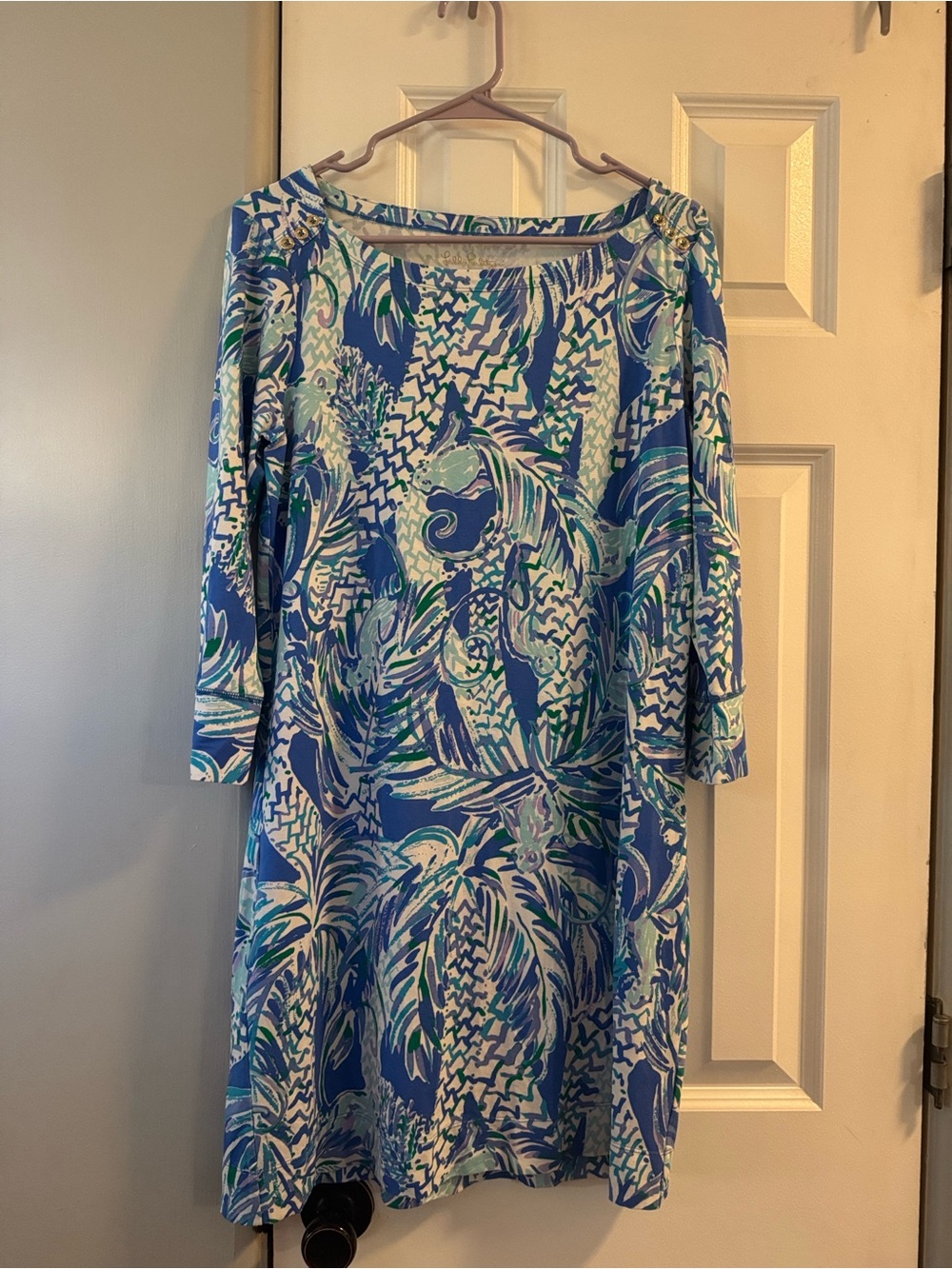 Lilly Pulitzer Blue, Aqua & White Tropical Boatneck Dress